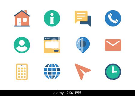 Contact us concept of web icons set in simple flat design. Pack of home page, info, chat, call, profile, location tracking, email, internet, calendar Stock Vector