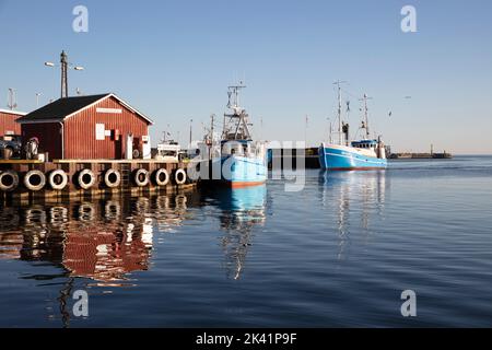 Fishing trawler returning to Gilleleje harbour in early morning, Gilleleje, Zealand, Denmark, Europe Stock Photo