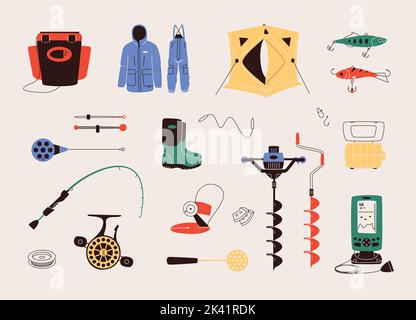 Flat design vector illustration of winter ice fishing gears. Set includes icons of rod, lure, shelter, clothing, reel, auger, sonar and accessories. Stock Vector
