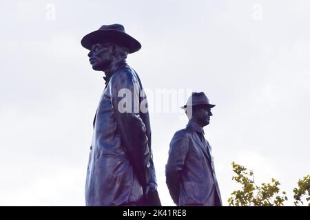 London, UK. 29th Sep, 2022. Artist Samson Kambalu's sculpture 'Antelope', which was unveiled as the latest Fourth Plinth artwork in Trafalgar Square. The artwork features statues of pan-Africanist and Baptist preacher John Chilembwe, and European missionary John Chorley. Stock Photo