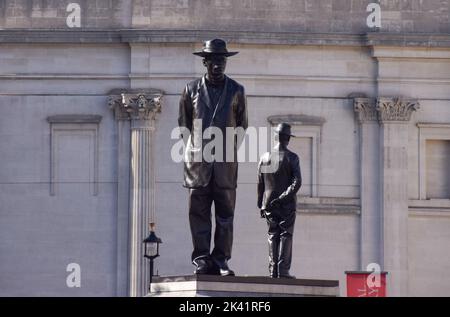 London, UK. 29th Sep, 2022. Artist Samson Kambalu's sculpture 'Antelope', which was unveiled as the latest Fourth Plinth artwork in Trafalgar Square. The artwork features statues of pan-Africanist and Baptist preacher John Chilembwe, and European missionary John Chorley. Stock Photo