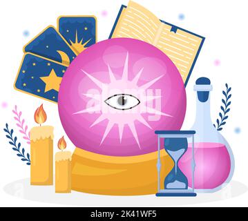 Fortune Teller Template Hand Drawn Cartoon Flat Illustration with Crystal Ball, Magic Book or Cards for Predicts Fate and Telling the Future Concept Stock Vector