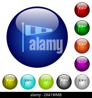 Windsock indicator solid icons on round glass buttons in multiple colors. Arranged layer structure Stock Vector