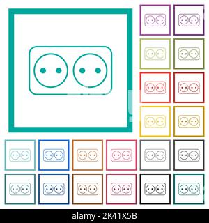 Electrical outlet with two sockets outline flat color icons with quadrant frames on white background Stock Vector