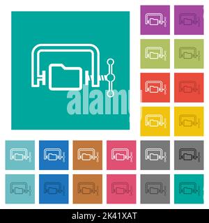 Folder compression outline multi colored flat icons on plain square backgrounds. Included white and darker icon variations for hover or active effects Stock Vector