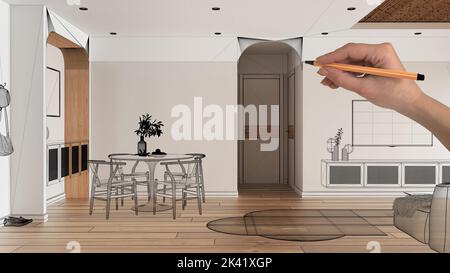 Empty white interior with parquet floor, hand drawing custom architecture design, black ink sketch, blueprint showing modern living and dining room, b Stock Photo