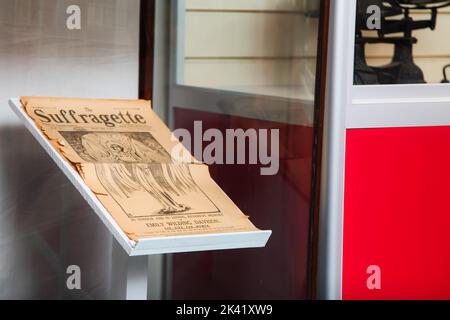 The Suffragette newspaper No.35 Vol.1, 1913 edited by Christabel Pankhurst on display in glass cabinet at Bourne Hall history centre, September 2022 Stock Photo