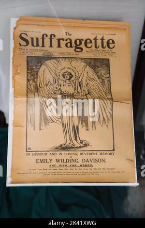 The Suffragette newspaper No.35 Vol.1, 1913 edited by Christabel Pankhurst on display in glass cabinet at Bourne Hall history centre, September 2022 Stock Photo