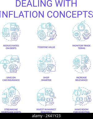 Dealing with inflation blue gradient concept icons set Stock Vector