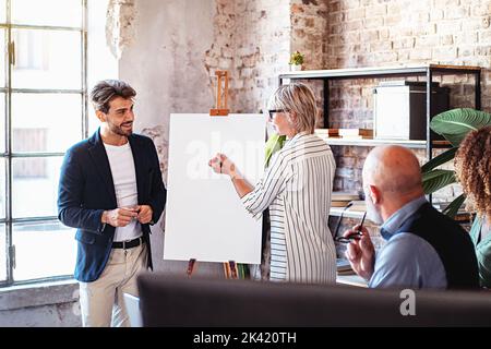 Group of business colleague persons brainstorming writing on a white board - for copy space - and discussing together - businesspeople working on a pr Stock Photo