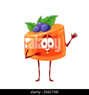 Cartoon orange jelly dessert character with blueberry. Isolated vector funny fruit pastry sweets. Cute tasty food menu personage, yummy cake. Pudding with smiling face, happy candy sweet confectionery Stock Vector