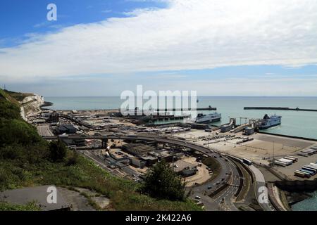 View of the Port of Dover from the White Cliffs, Dover, Kent, England Stock Photo