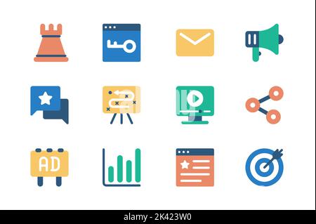Marketing concept of web icons set in simple flat design. Pack of chess, keyword, email, advertising megaphone, feedback message, video content, link Stock Vector