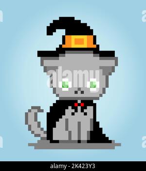 Pixel 8 bit cat wearing a witch suit. Animals for game assets in vector illustration. Stock Vector