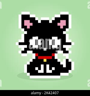 8-bit pixel black cat. Animal icon for game assets in vector illustrations. Stock Vector