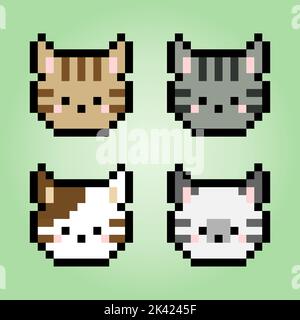 Pixel 8 bit cat face. Animals for game assets in vector ...