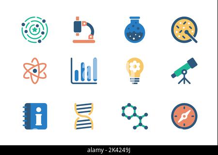 Science concept of web icons set in simple flat design. Pack of research laboratory, microscope, test tube, virus, discovery, data analysis, idea Stock Vector