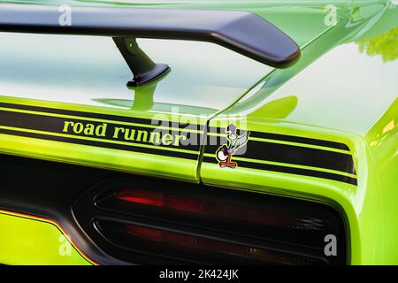 FLINT, MI/USA - JUNE 22, 2019: Close-up of a 1970 Plymouth Road Runner wing, Sloan Museum Auto Fair car show, Crossroads Village, near Flint, Michigan Stock Photo