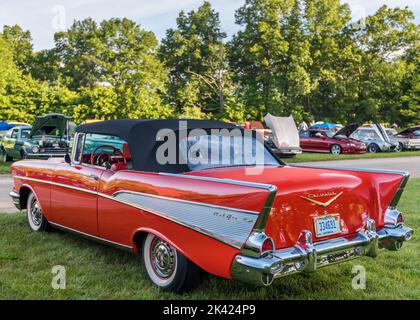 FLINT, MI/USA - JUNE 22, 2019: A 1957 Chevrolet Bel Air car, Sloan Museum Auto Fair car show, Crossroads Village, near Flint, Michigan. Stock Photo