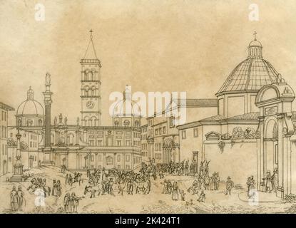 Illustration of the church S. Anthony at Esquilino and Santa Maria Maggiore, Rome, Italy 1800 ca. Stock Photo