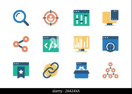 Seo optimization concept of web icons set in simple flat design. Pack of search machine, target, settings, link, coding, data analysis, speed traffic Stock Vector