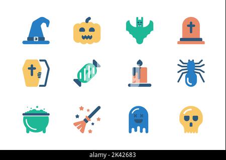 Halloween concept of web icons set in simple flat design. Pack of witch hat, pumpkin, bat, gravestone, cemetery, coffin, candy, candle, spider, ghost Stock Vector