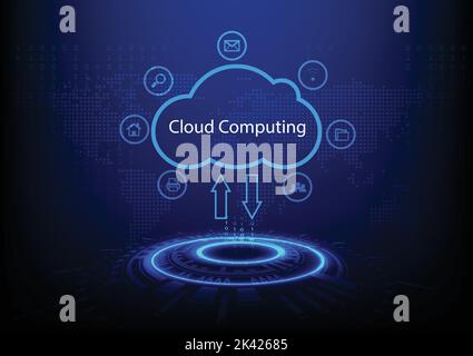 Graphics design Hitech Technology Cloud computing concept. Computer accessing online network communications from the cloud, vector illustration Stock Vector