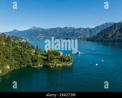 Aerial view of the Villa del Balbianello on the Lake Como Stock Photo