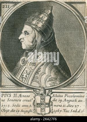 Portrait of Pope Pius II, engraving from the Summorum Romanorum Pontificum by Giovanni Giacomo de' Rossi, 1675 Stock Photo