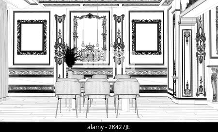 Blueprint project draft, modern furniture in classic apartment, minimalist dining room with table and armchairs, sofa, lamps. Plaster molded walls and Stock Photo