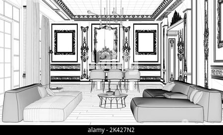 Blueprint project draft, minimalist furniture in classic apartment, living and dining room with table and armchairs, sofa. Plaster molded walls and pa Stock Photo