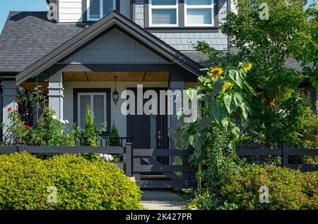 Entrance to a home through a beautiful green garden with flowers, plants leading to entrance of a house. Front of a house with Garden design. Nobody, Stock Photo