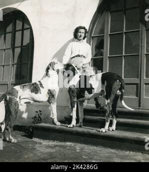 Woman with two large Great Dane dogs, Spain 1950s Stock Photo