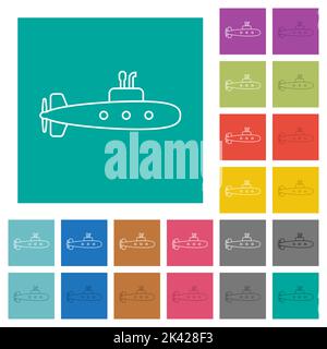 Submarine outline multi colored flat icons on plain square backgrounds. Included white and darker icon variations for hover or active effects. Stock Vector