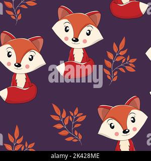 Seamless pattern with cute fox baby on color background. Funny forest animals. Card, postcards for kids. Flat vector illustration for fabric, textile Stock Vector