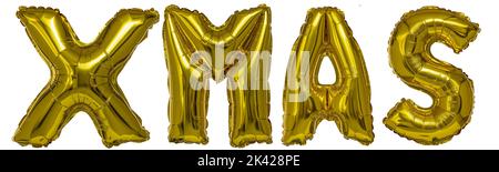 xmas lettering made with gold metallic balloons isolated on white Stock Photo