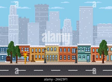 Pixel cityscape, 8 bit pixel art game level landscape. Vector downtown landscape with road, trees, street lamps, traffic lights and skyscraper silhouettes. Background of retro mobile or computer game Stock Vector