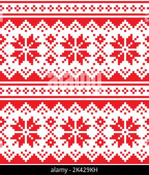 Winter Christmas vector seamless pattern set with red snowflakes - corss-stitch inspired by Sami people folk art from Lapland Stock Vector