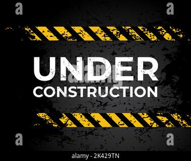 Under construction grunge warning background, vector website banner template. Web site under construction caution sign or safety danger warning background with grunge yellow tape for road repair alert Stock Vector