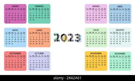 Pocket calendar on 2023 year, Spanish. Color horizontal calendar. Week starts from Monday. Vector template for business. Stock Vector