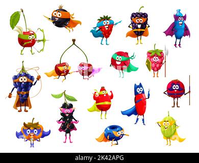 Garden berry superhero and defender characters, vector cartoon funny food. Super hero and guardian berries, strawberry and cherry in superhero masks, blackberry and blueberry in power cape Stock Vector