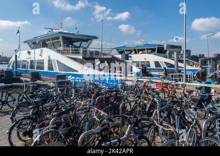 Bicycle Park and Ferry, Amsterdam, The Netherlands Stock Photo