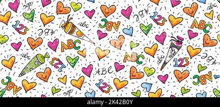 Seamless decorative birthday or school pattern - happy hearts with numbers and letters. colorful hand-drawn doodles. Suitable for wrapping paper Stock Vector