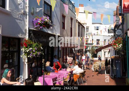'The Lanes' area of Brighton, specifically Market St / Market Street, Brighton. BN1 1HH. The Lanes is a fashionable and smart district of Brighton, popular with locals and visitors alike because of its restaurants Cafes and boutiques among other shops and businesses. Stock Photo