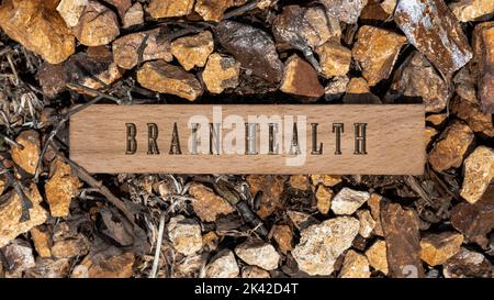 Brain health disease. Written on wooden surface. Wooden frame on pieces of stone. Diseases and treatments Stock Photo