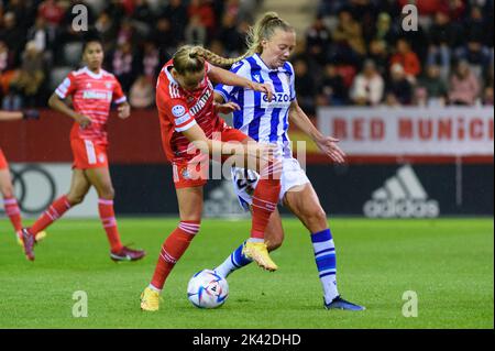 Bayern's Giulia Gwinn heads the ball during the women's quarterfinal Champions  League first leg soccer match between Bayern Munich and Paris Saint-Germain  in Munich, Germany, Tuesday, March 22, 2022. (AP Photo/Matthias Schrader