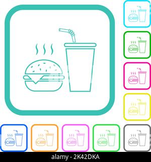 Fast food menu with cheeseburger and drink outline vivid colored flat icons in curved borders on white background Stock Vector