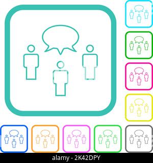 Three talking persons with oval bubble outline vivid colored flat icons in curved borders on white background Stock Vector