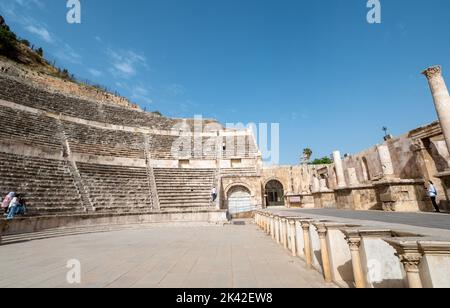 Amman, Jordan - May 3, 2022: Stairs and auditorium of ancient Roman theater in Amman downtown in the old city center of the Jordanian capital city in Stock Photo