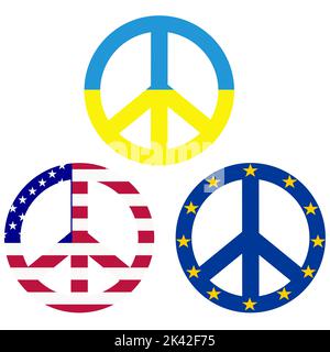 Peace symbols with flags of Ukraine, USA and European Union Stay with Ukraine concept Stock Vector